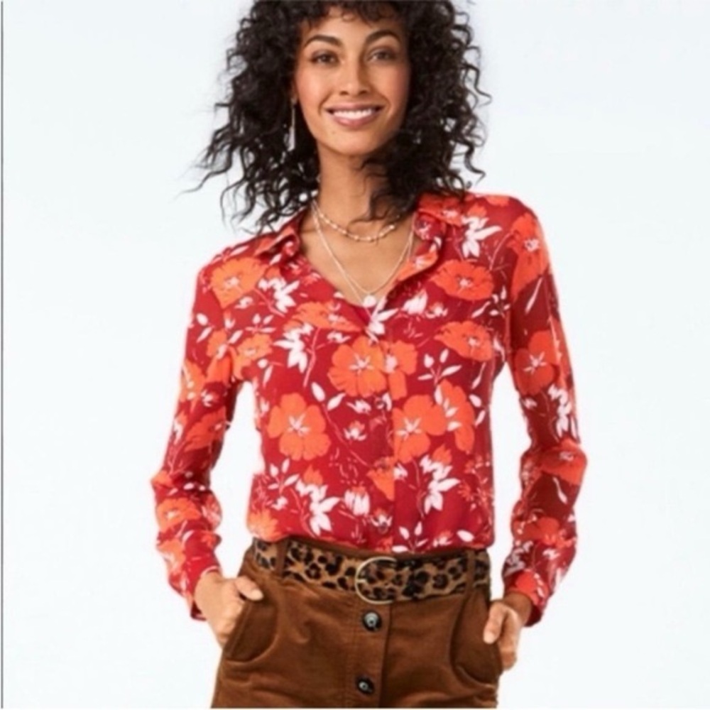 CABI #3766 Red Floral Hothouse Blouse Long Sleeve Button Up Top Womens Medium